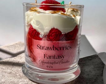 Strawberries Fantasy 12 oz Handcrafted Scented Soy Dessert Candle, Organic, Luxury, Wick, Aromatherapy