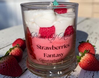 Strawberries Fantasy 12 oz Handcrafted Scented Soy Dessert Candle, Organic, Luxury, Wick, Aromatherapy
