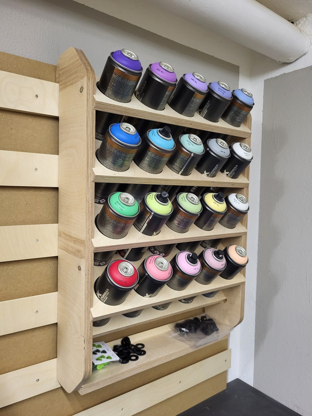 French Cleat Spray Can Holder & Organizer for 20 Spray Cans With Shelf