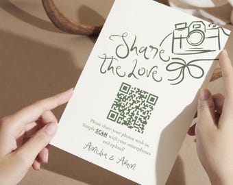 Tarjeta fotográfica de boda con código QR dibujada a mano (descarga digital)