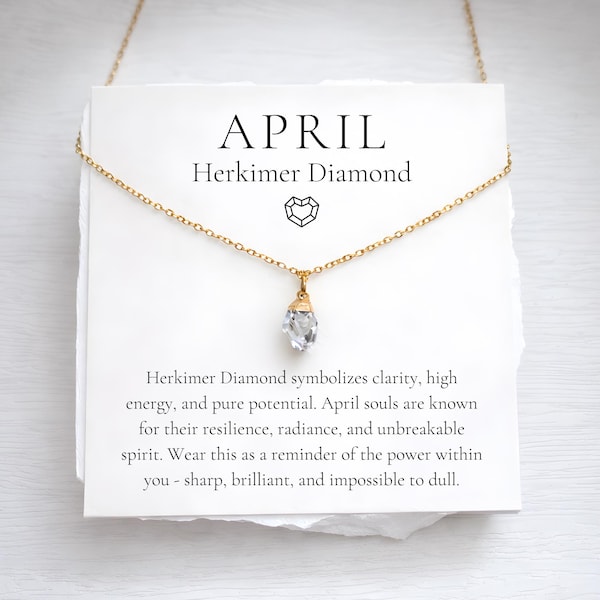 April Birthstone Necklace, Raw Herkimer Diamond Crystal Jewelry, April Birthday Gift