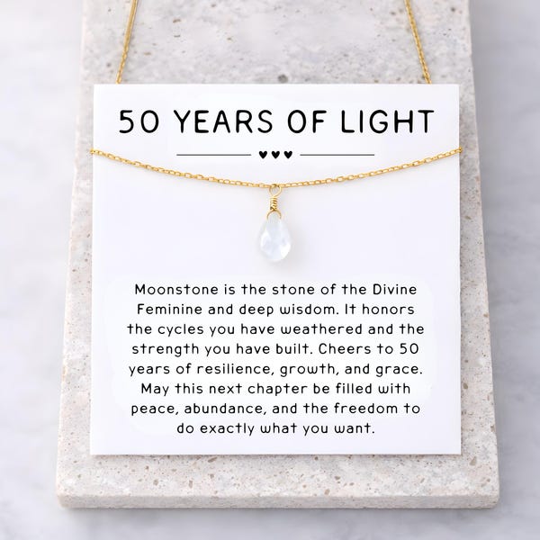 50 Years of Light Moonstone Necklace, 50th Birthday Gift for Mom, Turning Fifty Jewelry
