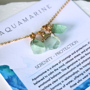 Aquamarine Necklace Raw Crystal Necklace March Birthstone Gemstone Necklace Summer Jewelry Personalized Aquamarine Crystal Meaning Cards