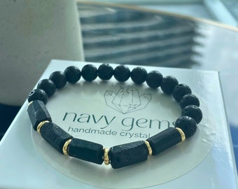 Tourmaline Beaded Bracelet | Black Stone Bracelet | Black and Gold Bracelet | Adjustable Bracelet Gift | Black Stone | Handmade Gift For Her