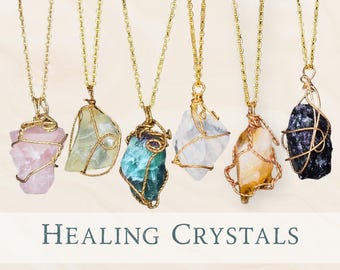 Large Healing Crystal Necklace, Raw Stone Pendant, Wire Wrapped Natural Crystal Jewelry