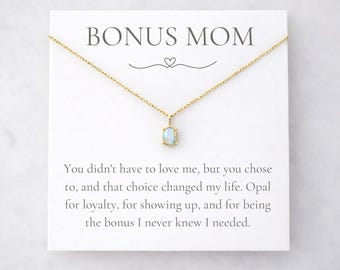 Bonus Mom Wedding Opal Necklace, Stepmom Gift from Bride, Sterling Silver Message Card Jewelry
