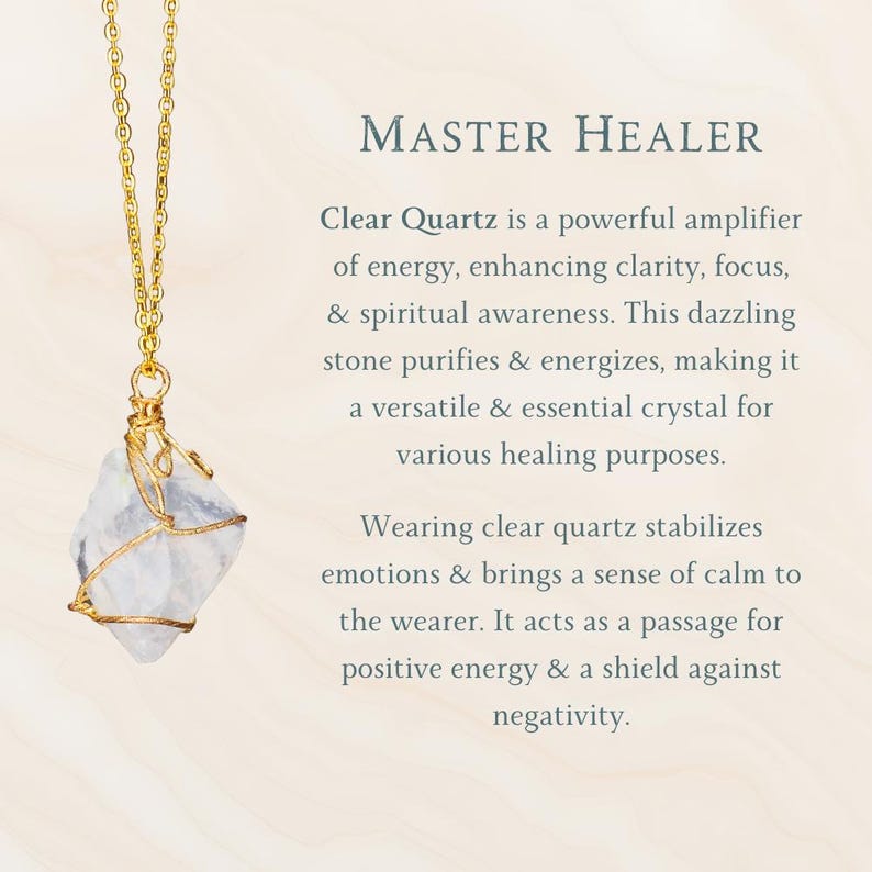 Large Healing Crystal Necklace, Raw Stone Pendant, Wire Wrapped Natural Crystal Jewelry Clear Quartz