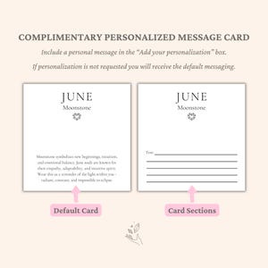 May include: Two white cards with text, one labeled "Default Card" and the other "Card Sections." The cards read "JUNE Moonstone" with a heart symbol. The default card has text about moonstone. The other card has lines for text.