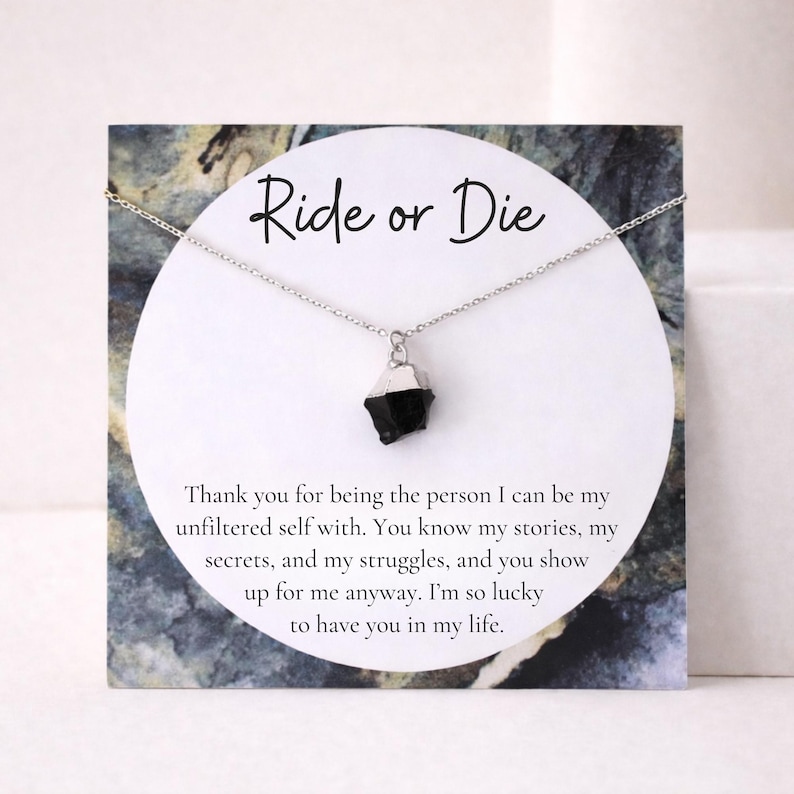 Ride or Die Necklace, Onyx Friendship Jewelry Gift, BFF Crystal Necklace Silver