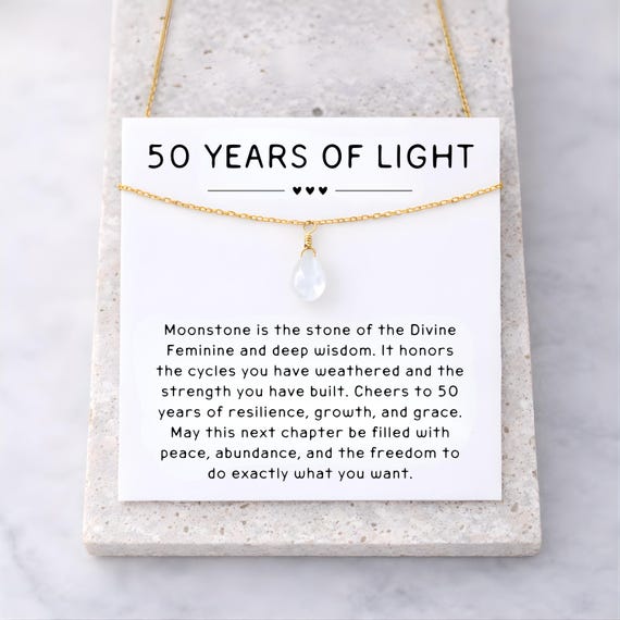 50 Years of Light Moonstone Necklace, 50th Birthday Gift for Mom, Turning Fifty Jewelry