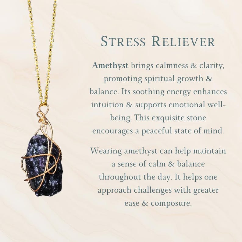 Large Healing Crystal Necklace, Raw Stone Pendant, Wire Wrapped Natural Crystal Jewelry Amethyst