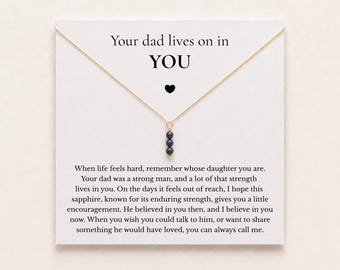 May include: A gold-tone chain necklace with a pendant featuring three small, dark grey spherical beads. The necklace is displayed on a white card printed with the text: Your dad lives on in YOU, followed by a heart symbol and a paragraph of text.