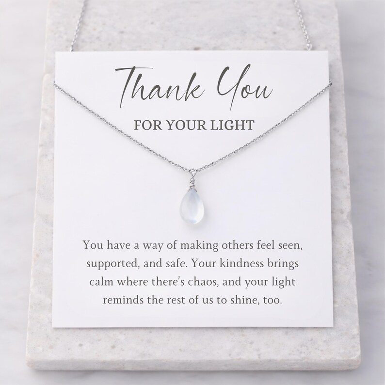 Collana con pietra di luna luminosa "Grazie per la tua luce", regalo di apprezzamento per insegnante, mentore, infermiere Silver