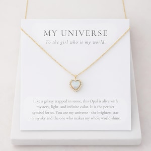 Opal Heart Necklace for Girlfriend, Crystal Halo Pendant, Gold Silver Finish, Anniversary Gift