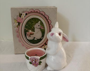 Portavelas de cerámica Avon BUNNY BRIGHT con diseño de conejo de Pascua, estilo vintage de 1980.
