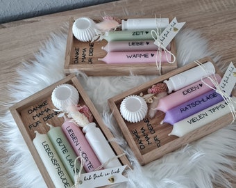 for Mother's Day or Birthday Candle Set "Thank you Mom for your"... , light wood