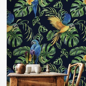 Tropische Palmenblätter Tapete mit Vogel | Wanddekoration | Haus-Renovierung | Wandkunst | Schälen und kleben oder nicht selbstklebende Vinyltapete