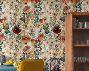 Boho Blumen Aquarell Tapete | Wanddekoration | Haus-Renovierung | Wandkunst | Schälen und kleben oder nicht selbstklebende Vinyltapete