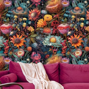 Tapete mit buntem Blumenmuster | Blumenwanddekor | Haus-Renovierung | Schälen und kleben oder nicht selbstklebende Vinyltapete