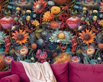 Papier peint à fleurs, motif coloré vintage | Décoration murale florale | Rénovation domiciliaire | Papier peint autocollant ou autocollant