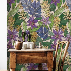Carta da parati floreale botanica viola e verde / Decorazione da parete / Ristrutturazione domestica / Arte da parete / Carta da parati staccabile e incollabile o non autoadesiva in vinile