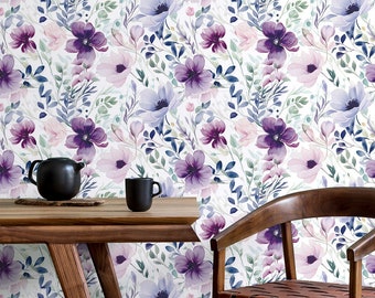 Lila Blumen Tapete, Blumenwandbild | Wanddekoration | Haus-Renovierung | Wandkunst | Schälen und kleben oder nicht selbstklebende Vinyltapete