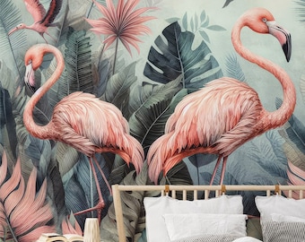 Papel pintado tropical con flamencos / Decoración botánica para paredes / Reformas del hogar / Arte mural / Papel pintado de vinilo autoadhesivo o no autoadhesivo
