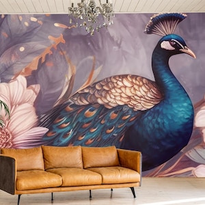 Chique pauwenbehang | Botanische muurschildering | Woningrenovatie | Muurkunst | Peel & Stick of niet-zelfklevend vinylbehang