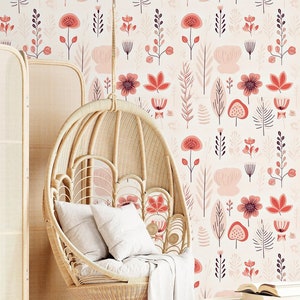 Carta da parati botanica floreale beige e rossa / Decorazione della parete / Ristrutturazione della casa / Arte della parete / Carta da parati staccabile e incollabile o non autoadesiva in vinile