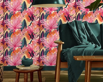 Tropische Blumentapete, Blumenwandbild | Wanddekoration | Haus-Renovierung | Wandkunst | Schälen und kleben oder nicht selbstklebende Vinyltapete