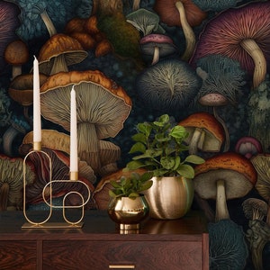 Dark vintage mushroom wallpaper | Wall Decor | Home Renovation | Wall Art | Peel and Stick Or Non Self-Adhesive Vinyl Wallpaper