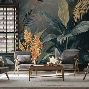 Carta da parati con paesaggio giungla tropicale, foglia / Decorazione da parete / Ristrutturazione della casa / Arte da parete / Carta da parati staccabile e incollabile o non autoadesiva in vinile