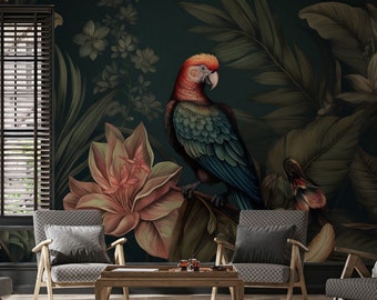 Bird wallpaper, dark leaf art | Wall Decor | Home Renovation | Wall Art | Peel and Stick Or Non Self-Adhesive Vinyl Wallpaper