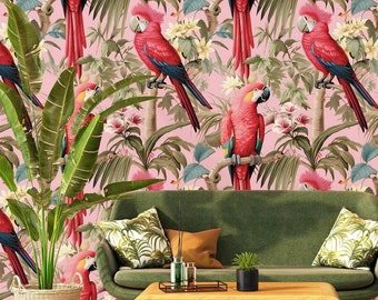 Pink parrot bird tropical wallpaper | Wall Decor | Home Renovation | Wall Art | Peel and Stick Or Non Self-Adhesive Vinyl Wallpaper