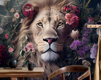 Lion animal wallpaper with flower and leaves | Wall Decor | Home Renovation | Wall Art | Peel and Stick Or Non Self-Adhesive Vinyl Wallpaper