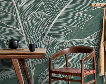 Tropical wallpaper with palm leaves | Botanical Wall Decor | Home Renovation | Wall Art | Peel & Stick Or Non Self-Adhesive Vinyl Wallpaper