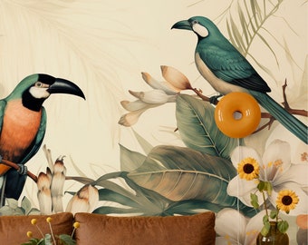 Tropisch, florale Tapete mit Vogel | Wanddekoration | Haus-Renovierung | Wandkunst | Schälen und kleben oder nicht selbstklebende Vinyltapete
