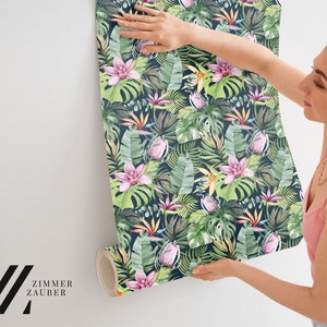 Watercolor wallpaper, tropical flower & leaf | Wall Decor | Home Renovation | Wall Art | Peel and Stick Or Non Self-Adhesive Vinyl Wallpaper