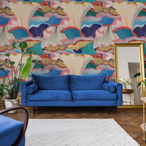 Bunte Tapete mit abstrakten Pilzen | Wanddekoration | Haus-Renovierung | Wandkunst | Schälen und kleben oder nicht selbstklebende Vinyltapete