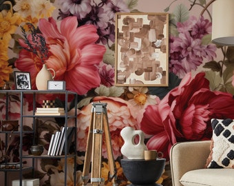 Warm floral wall mural, floral garden wallpaper | Wall Decor | Home Renovation | Peel and Stick Or Non Self-Adhesive Vinyl Wallpaper