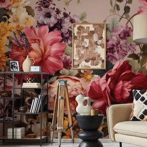 Warmes Blumenwandbild, Blumengarten Tapete | Wanddekoration | Haus-Renovierung | Schälen und kleben oder nicht selbstklebende Vinyltapete