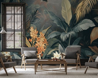 Tropical jungle landscape wallpaper, leaf | Wall Decor | Home Renovation | Wall Art | Peel and Stick Or Non Self-Adhesive Vinyl Wallpaper