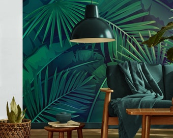 Tropische Tapete mit Blättern | Haus-Renovierung | Wandkunst | Schälen und kleben oder nicht selbstklebende Vinyltapete