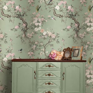 Vogel und Pfingstrose Wallpaper | Blumenwanddekor | Haus-Renovierung | Wandkunst | Schälen und kleben oder nicht selbstklebende Vinyltapete