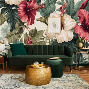Hibiskus Blumen exotische Tapete | Blumenwanddekor | Haus-Renovierung | Wandkunst | Schälen und kleben oder nicht selbstklebende Vinyltapete