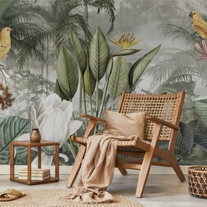 Tropische Tapete mit Vogel, Baum & Blatt | Botanische Wanddekoration | Wandkunst | Schälen und kleben oder nicht selbstklebende Vinyltapete