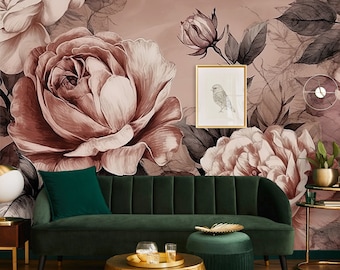 Watercolor floral wallpaper, peony mural art | Floral Wall Decor | Home Renovation | Peel and Stick Or Non Self-Adhesive Vinyl Wallpaper