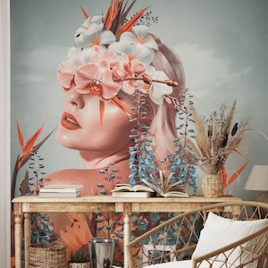 Frau mit Blumen im Haar Wallpaper II | Wanddekoration | Haus-Renovierung | Wandkunst | Schälen und kleben oder nicht selbstklebende Vinyltapete
