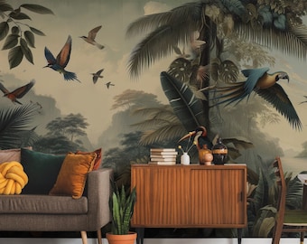 Tropische Landschaftstapete mit Vogel | Botanische Wanddekoration | Haus-Renovierung | Schälen und kleben oder nicht selbstklebende Vinyltapete