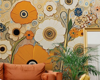Retro Mohn Blume abstrakte Tapete | Blumenwanddekor | Haus-Renovierung | Wandkunst | Schälen und kleben oder nicht selbstklebende Vinyltapete